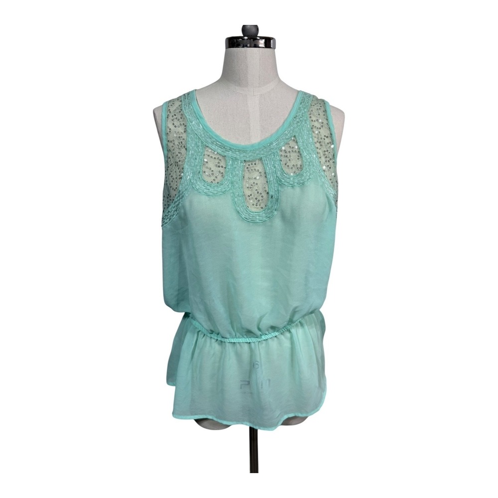 A.N.A A New Approach Teal Blue Sheer Sequined Gathered Waist Boho Y2K Top Size L